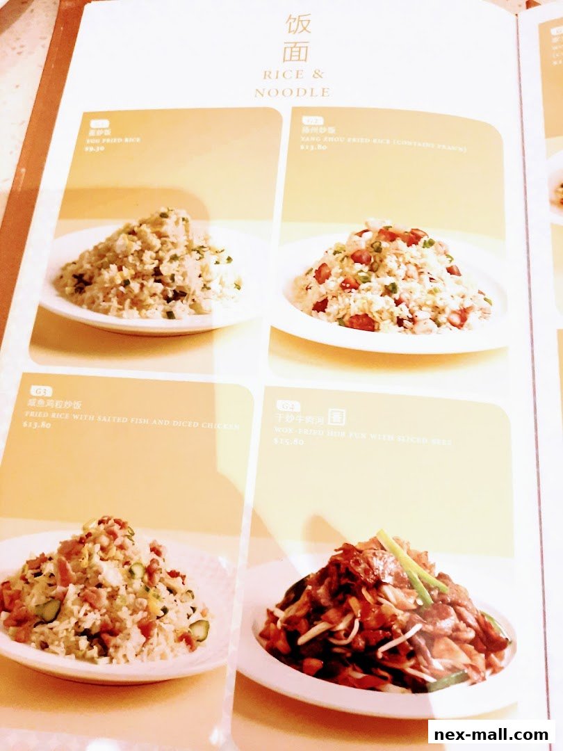 A menu page showcasing various rice and noodle dishes with appetizing photos.