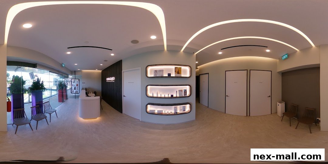 Interior view of CuraMed Medical and Aesthetic Clinic with reception, waiting area, and product displays.