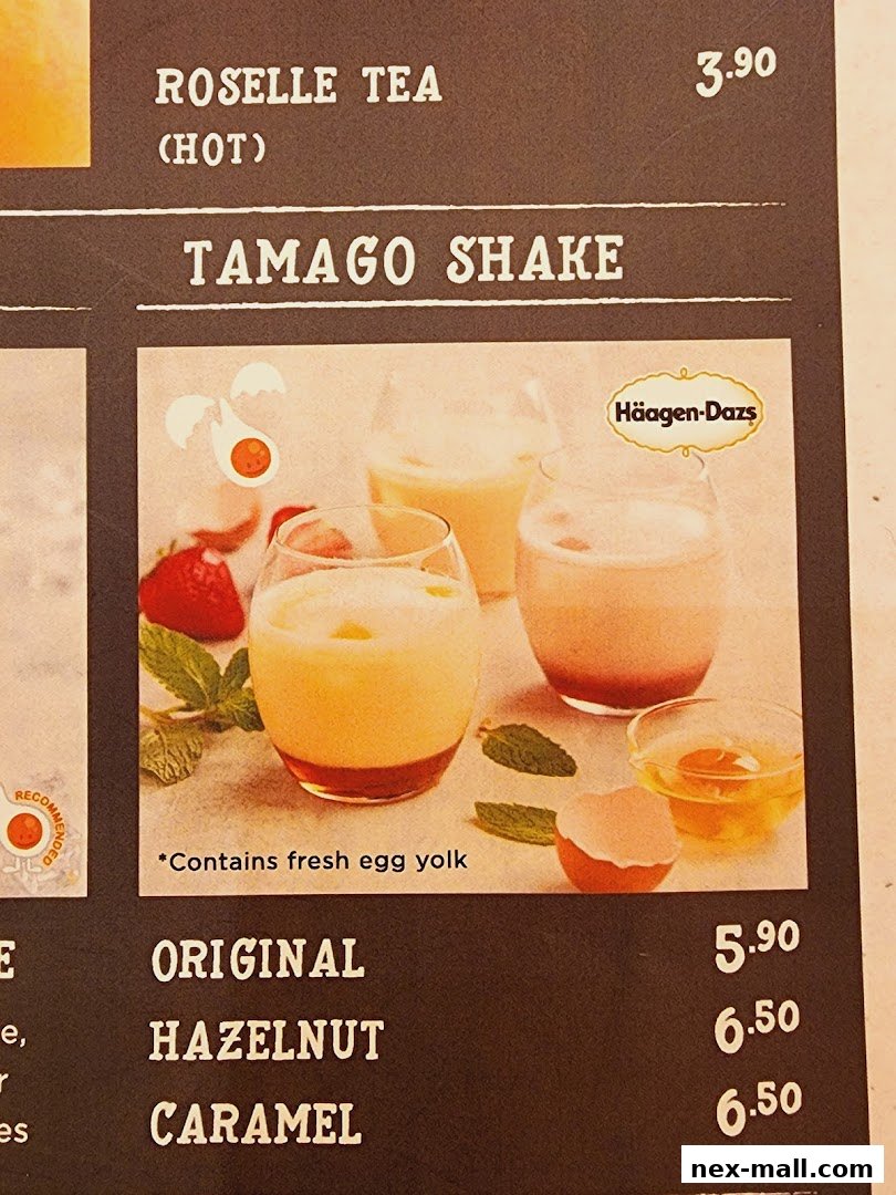 A menu featuring Tamago Shakes with Original, Hazelnut, and Caramel flavors, plus Roselle Tea.