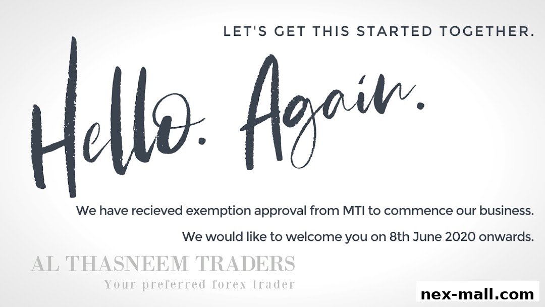 A graphic announcing the reopening of AL Thasneem Traders, a forex trader.