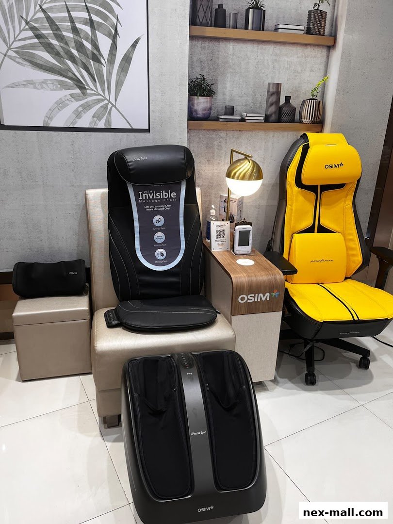 OSIM Nex shop interior displaying massage chairs and foot massagers.