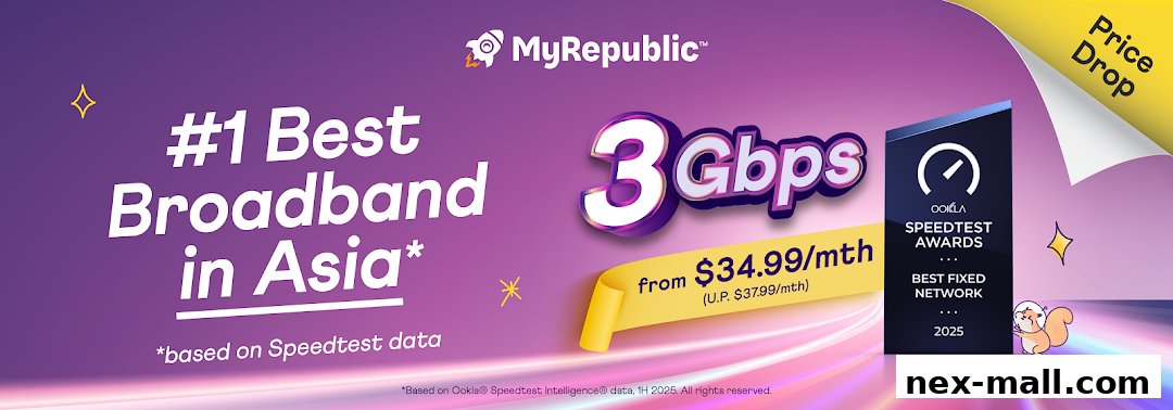 MyRepublic advertises its #1 Best Broadband in Asia with 3Gbps speeds at a discounted price.