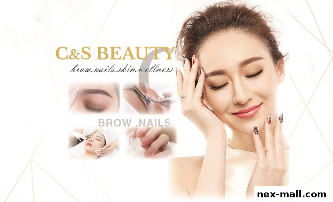 A collage showcasing beauty services including brows, nails, and skin treatments with a model.