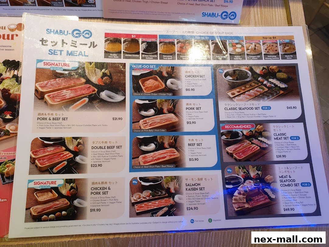 A menu for Shabu-Go featuring various set meals with meat, seafood, and combination options.