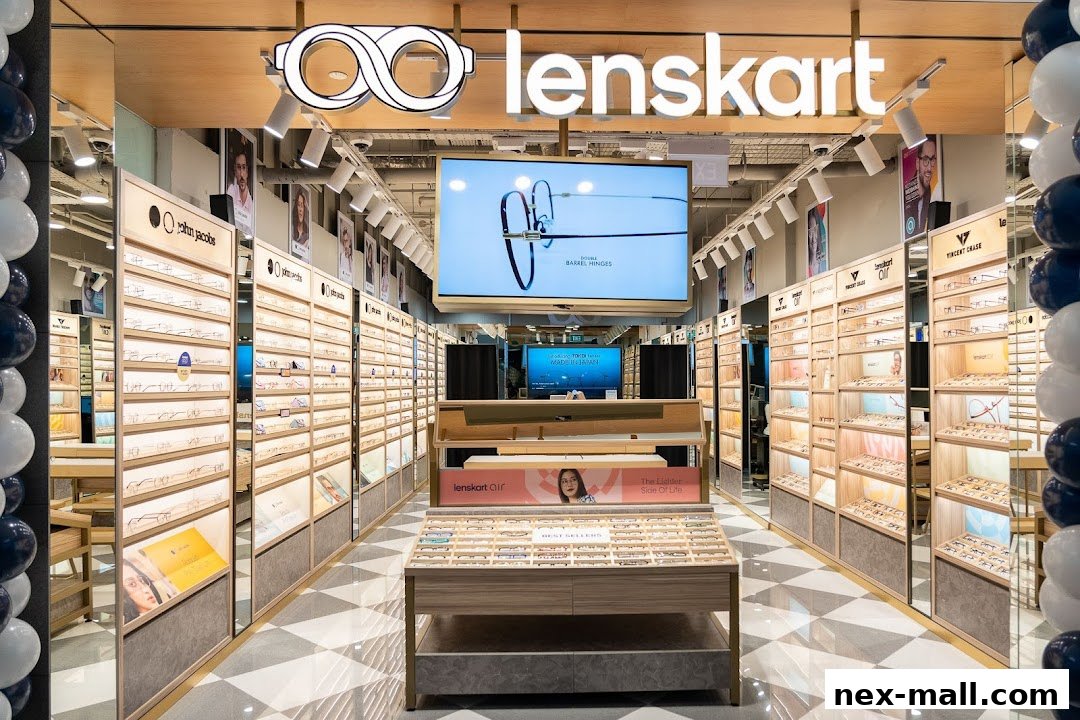 Interior view of a Lenskart store showcasing a wide selection of eyeglasses and sunglasses.