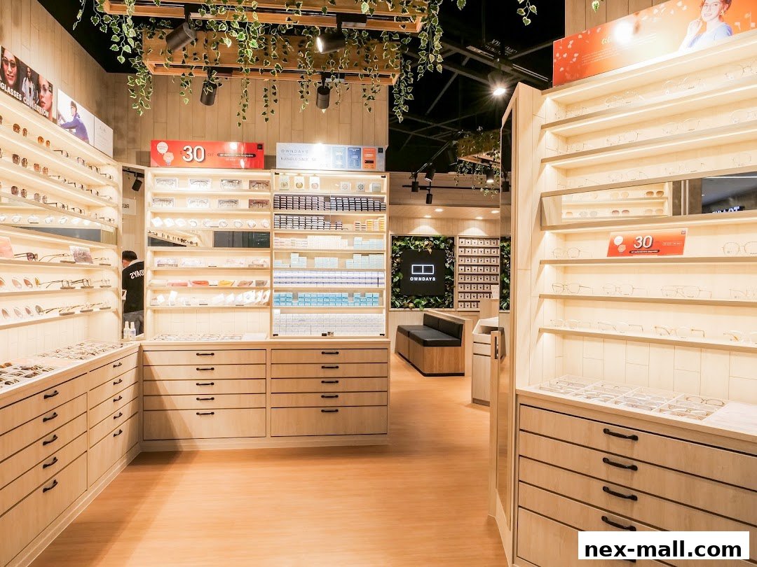 Interior view of an OWNDAYS eyeglasses store showcasing a wide selection of frames and contact lenses.