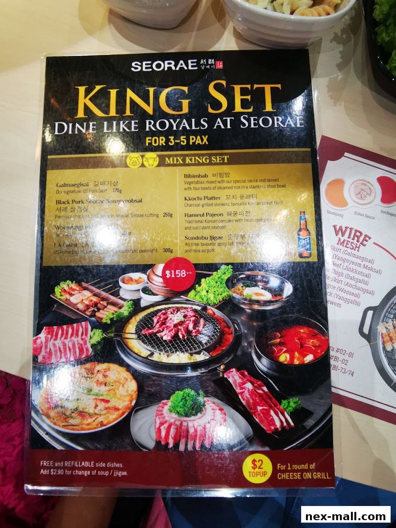 A menu for the SEORAE KING SET, featuring Korean BBQ dishes and side options.