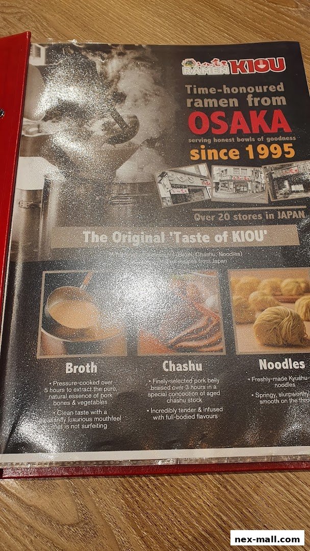 A menu page showcasing the ingredients and taste of Ramen Kiou, from Osaka, Japan.
