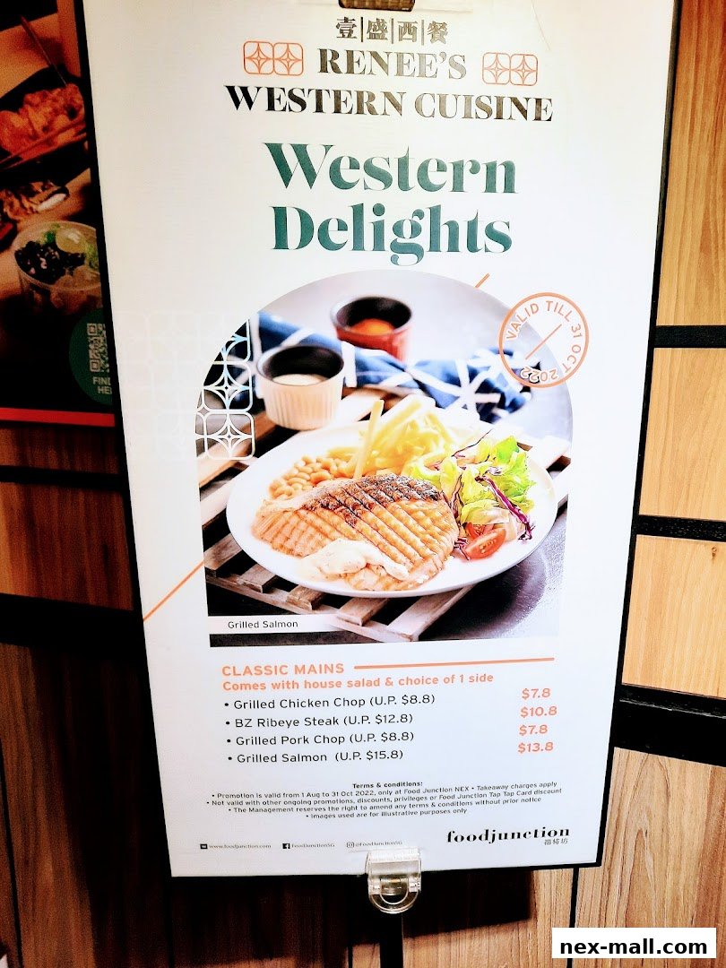 A menu board for Renee's Western Cuisine featuring classic mains like grilled chicken and salmon.