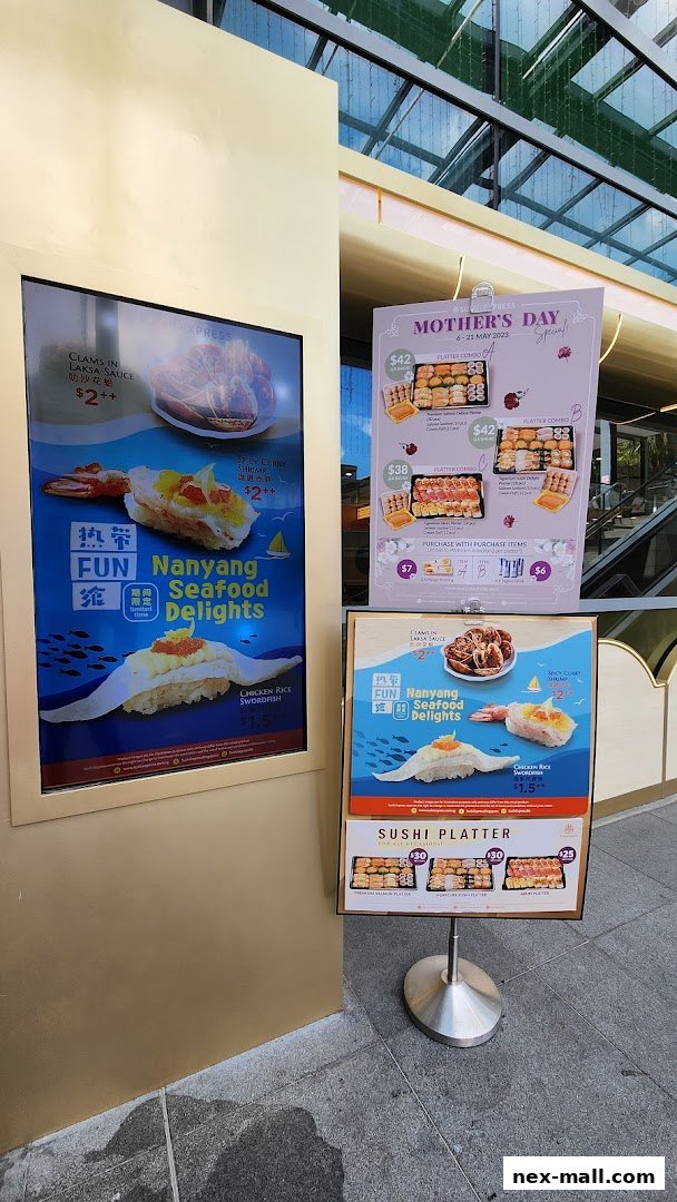 A display of various sushi platters and seafood delights from Sushi Express.
