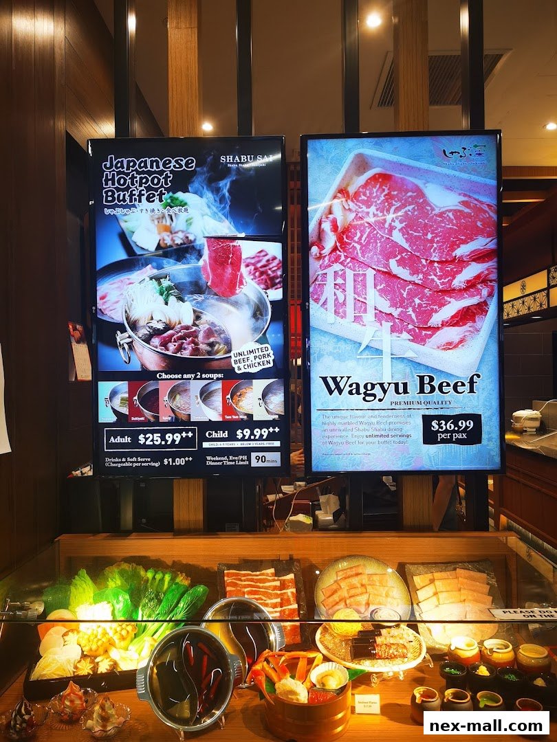 A display of Japanese hotpot buffet and premium Wagyu beef offerings at Shabu Sai.