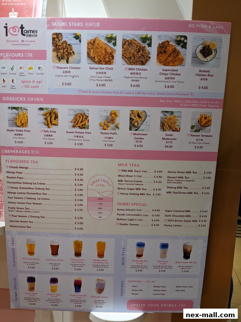 A menu board for 'I Love Taimei' featuring various milk teas, flavored teas, sidekicks, and specials.