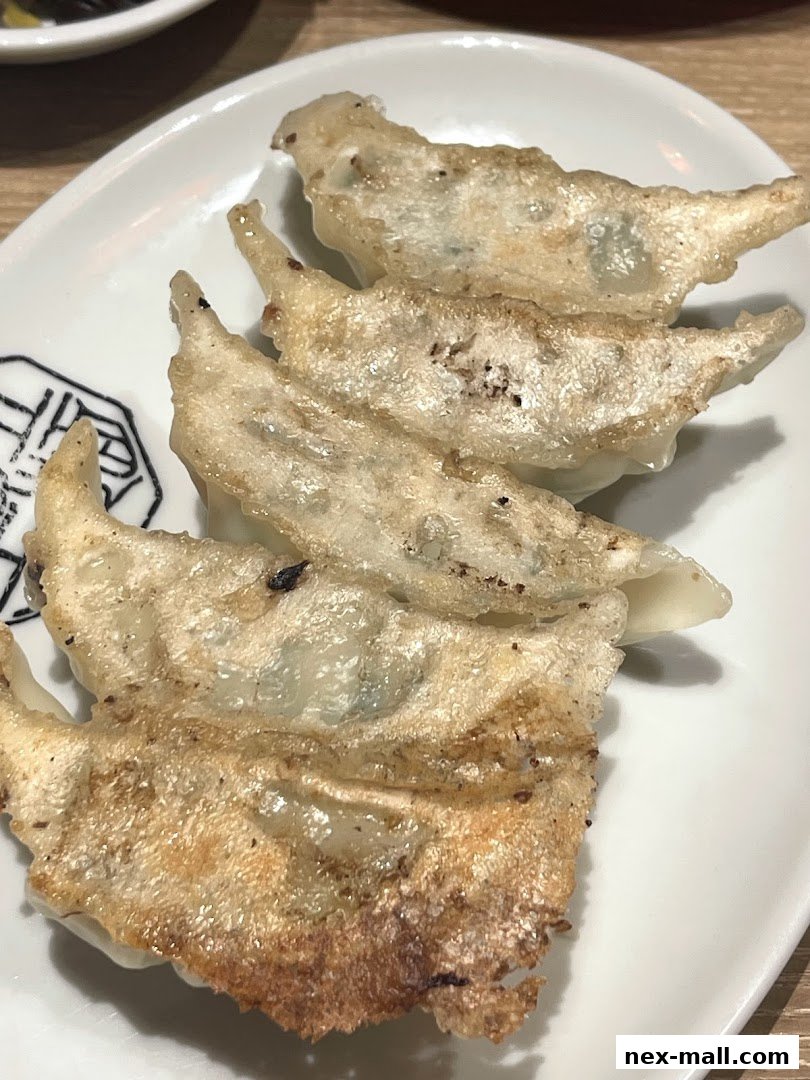A plate of crispy pan-fried gyoza dumplings with a golden-brown crust.