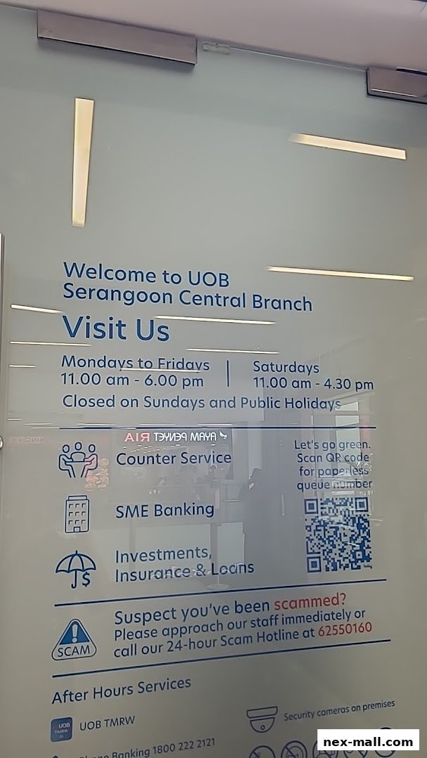 Information sign for UOB Serangoon Central Branch, detailing services and operating hours.