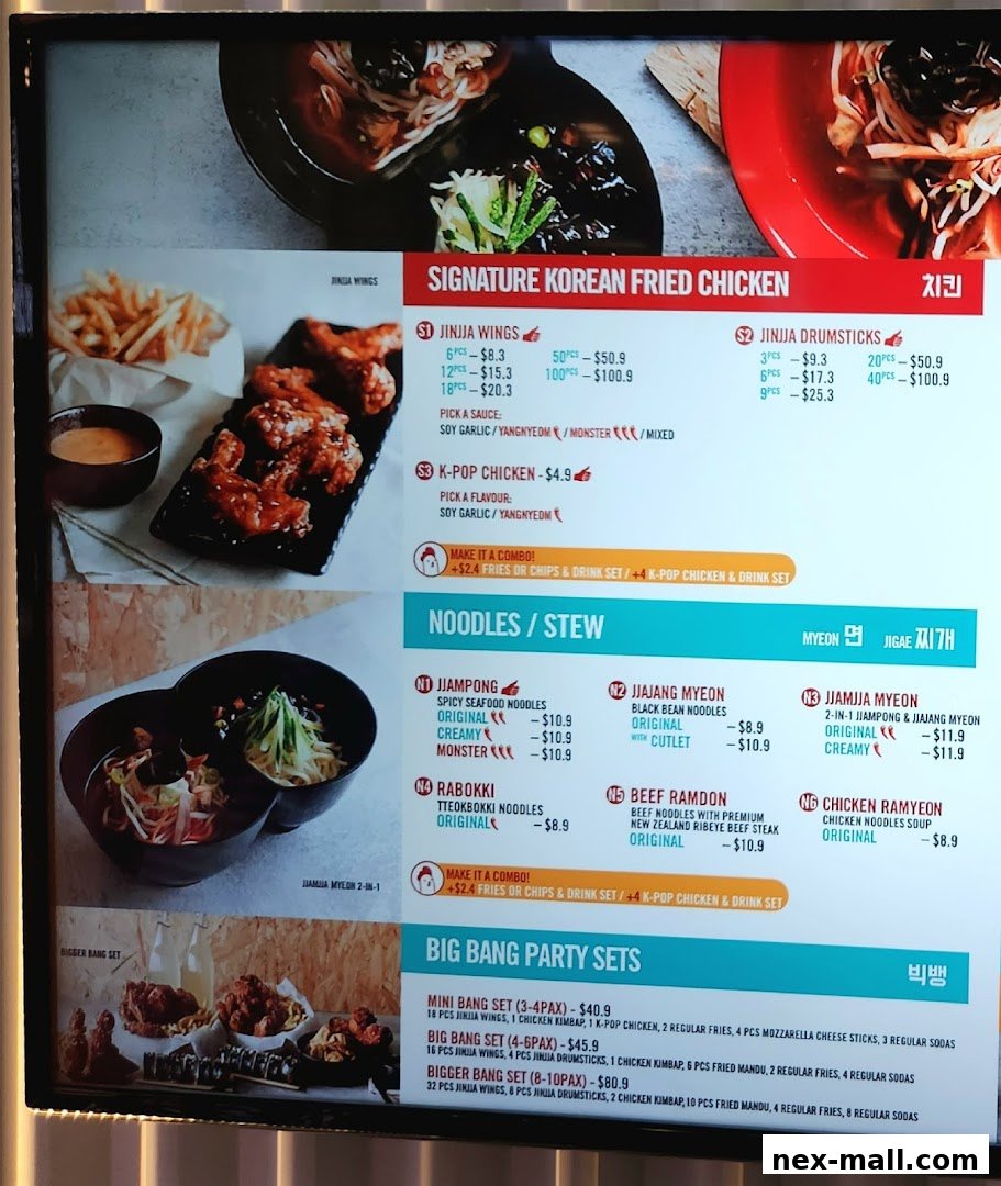 A menu board displaying Korean fried chicken, noodles, and party sets with prices.