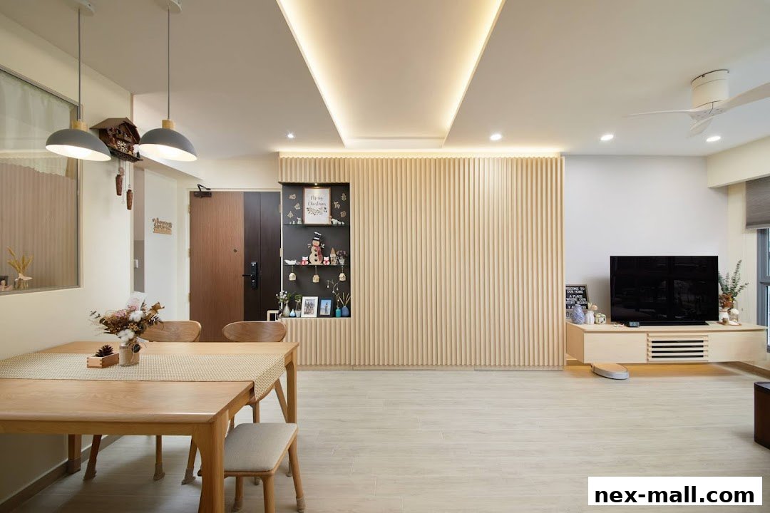 A modern living and dining area with wooden furniture, a TV console, and decorative shelves.
