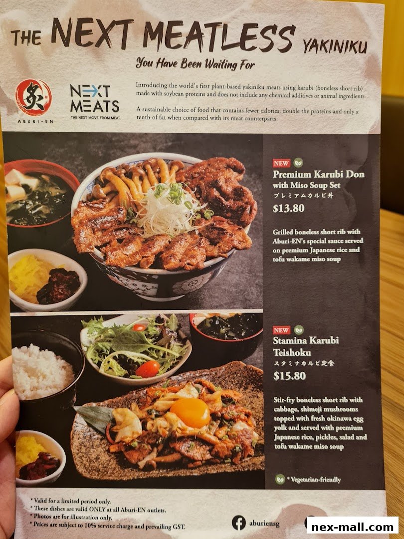 A menu showcasing plant-based yakiniku dishes, including Karubi Don and Teishoku.