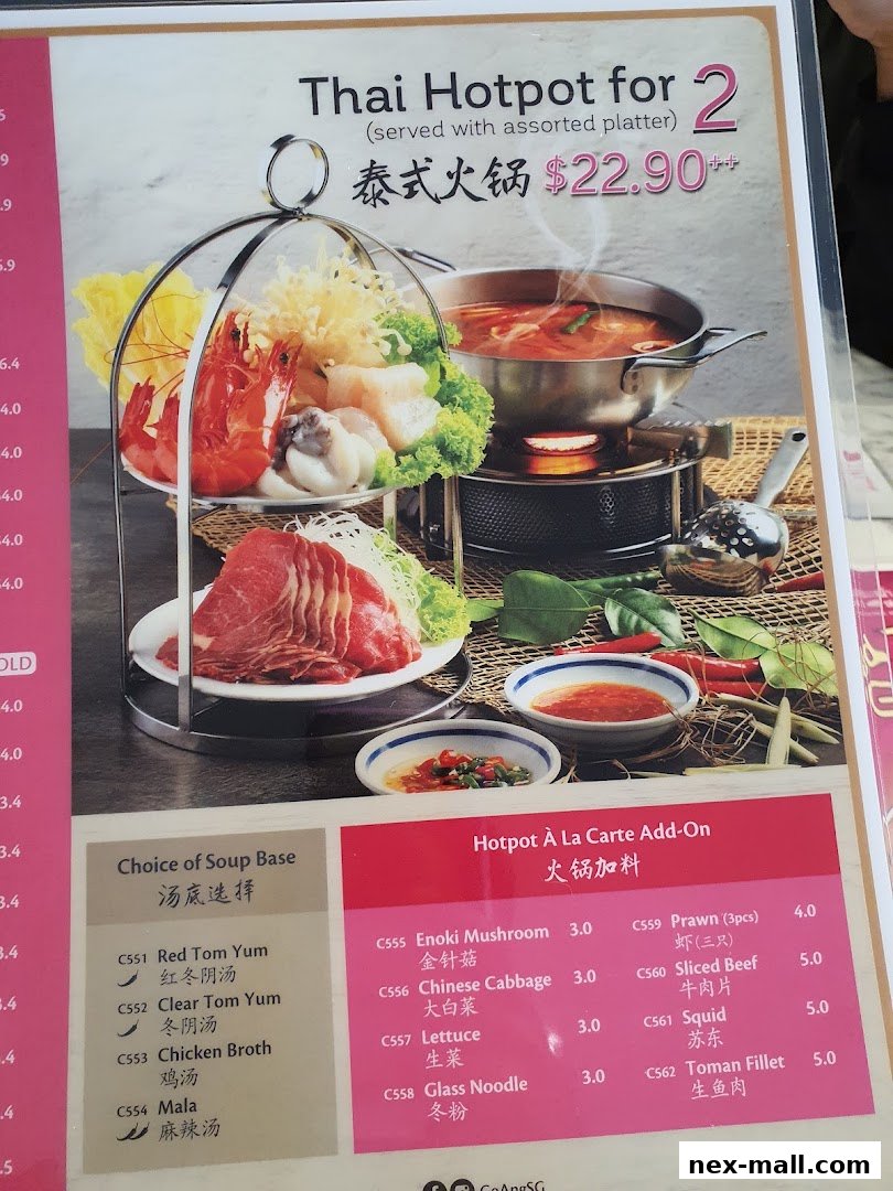 A menu featuring Thai Hotpot for two, with soup base choices and a la carte add-ons.