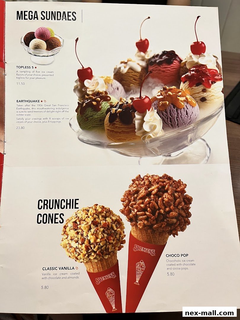 A menu page showcasing Swensen's Mega Sundaes and Crunchie Cones with detailed descriptions and prices.