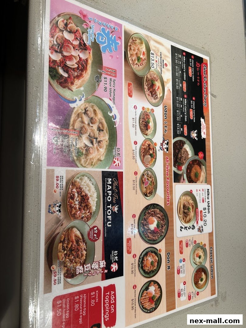 A menu from Idaten Udon Serangoon NEX featuring various udon and donburi dishes.