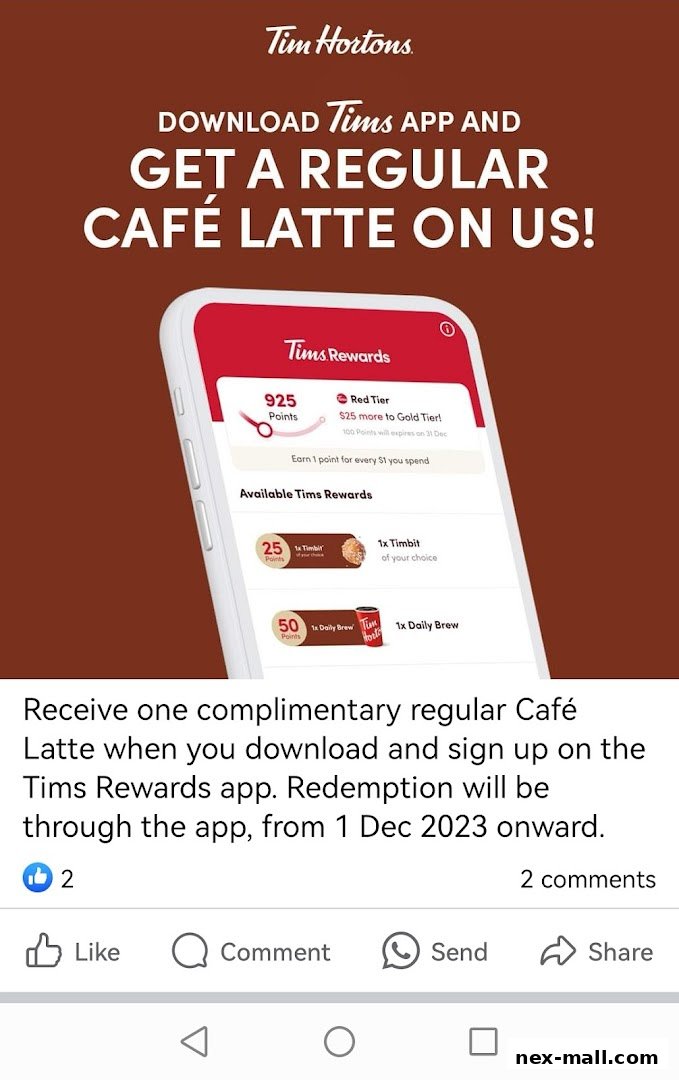 A smartphone displaying the Tim Hortons Rewards app with a special offer for a free latte.