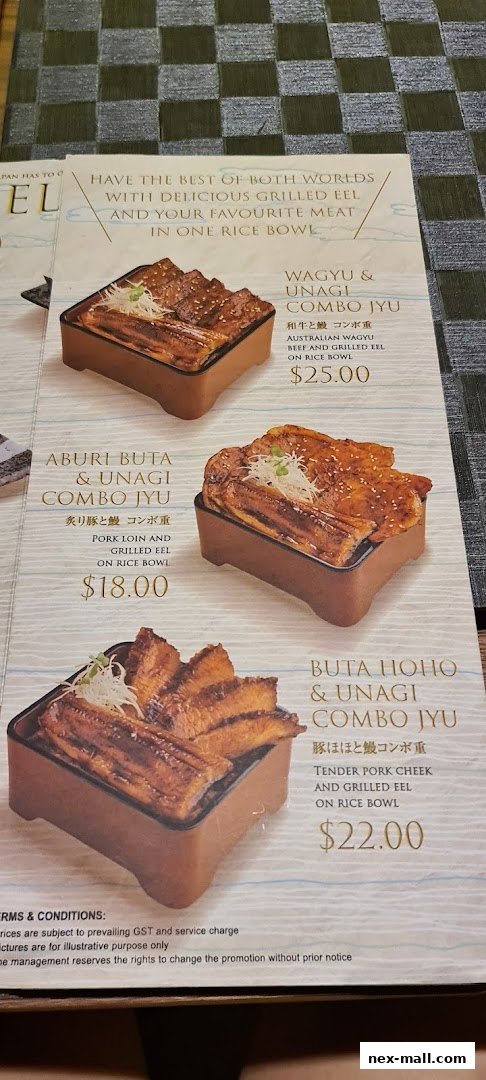 A menu showcasing three different rice bowl combinations with grilled eel and meat.