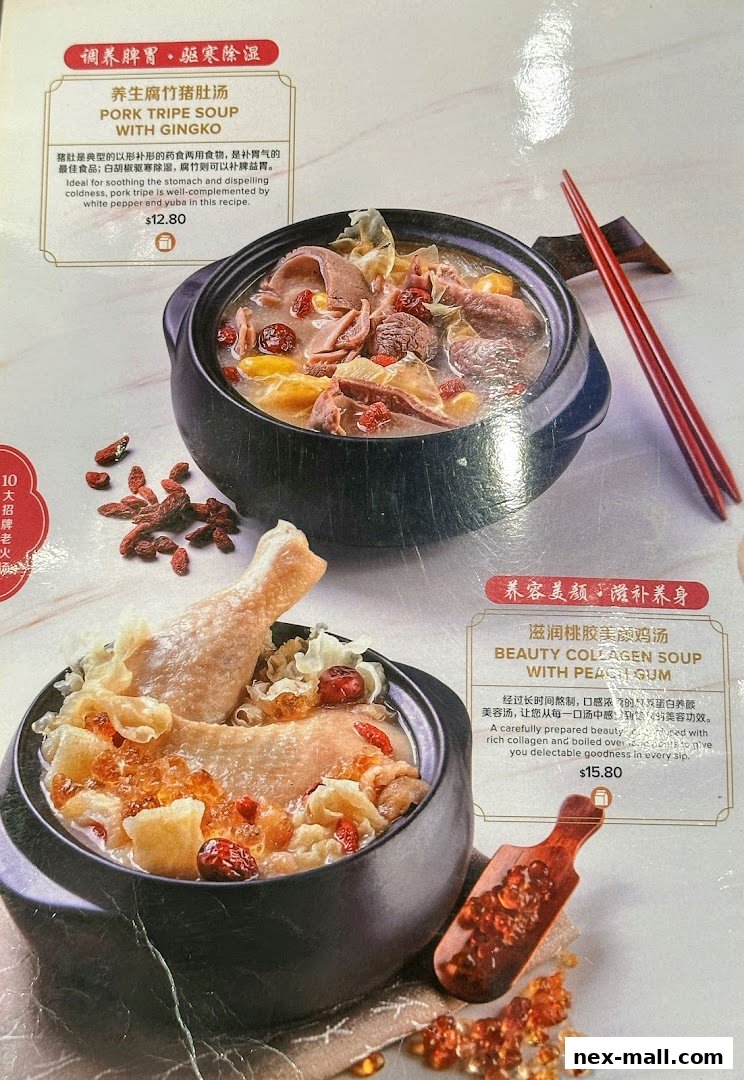 A menu showcasing two nourishing soup dishes with their ingredients and prices.
