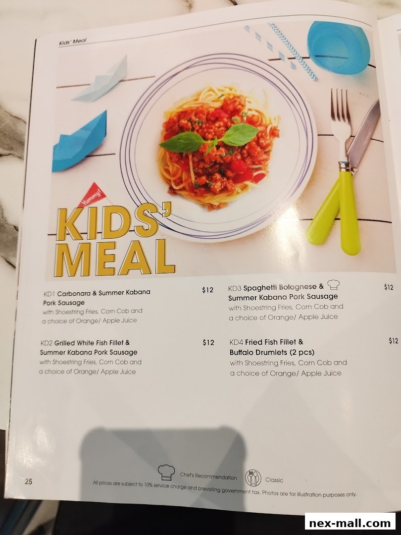 A menu page showcasing various kids' meal options with descriptions and prices.