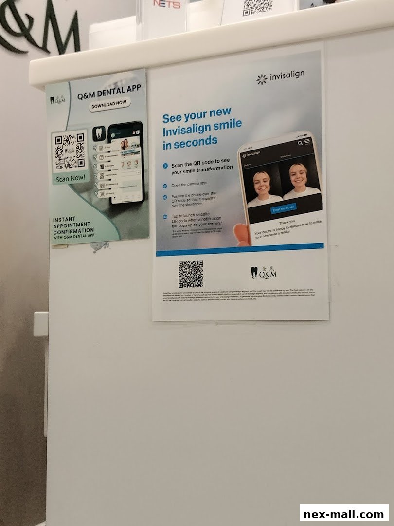 Posters about Q&M Dental App and Invisalign smile transformation.