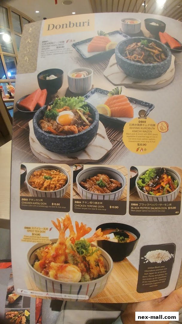 A menu page showcasing various Donburi dishes with appetizing photos and descriptions.