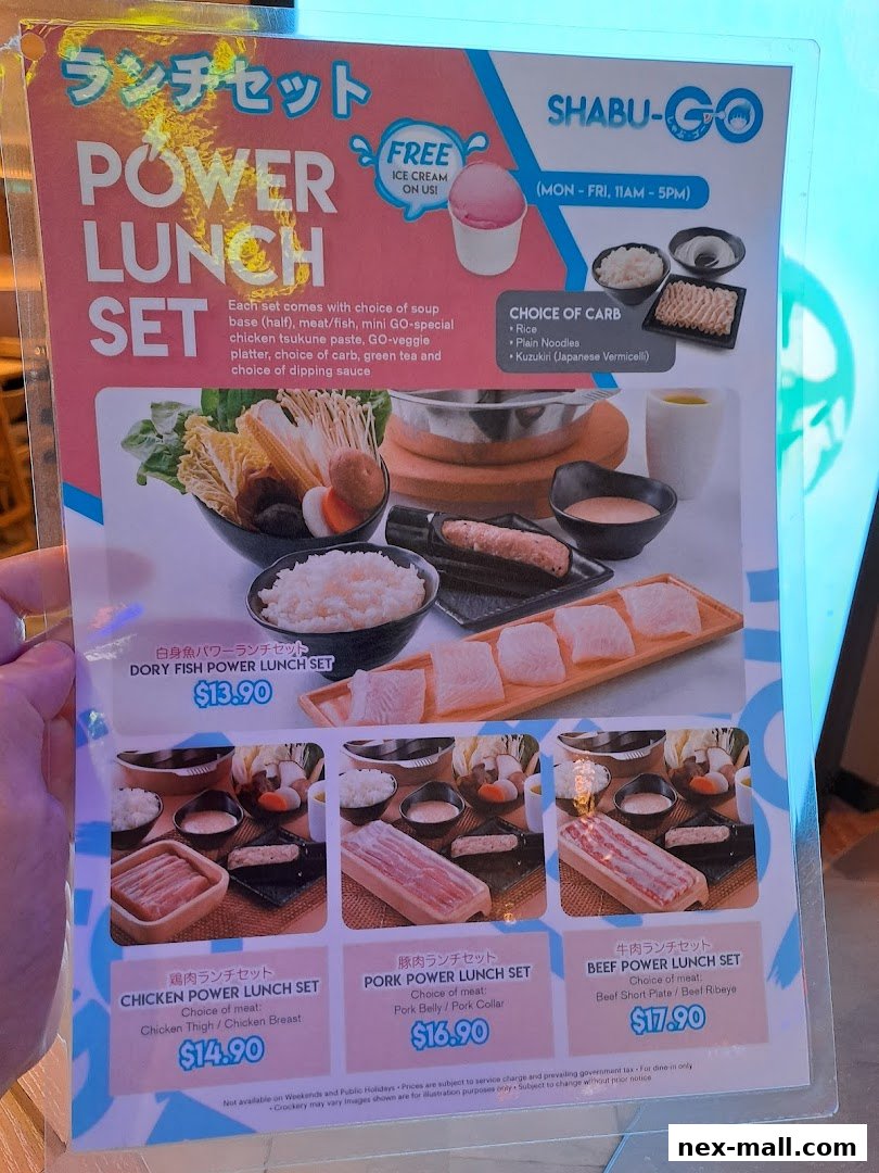 A menu for Shabu-Go featuring Power Lunch Sets with various meat and fish options.