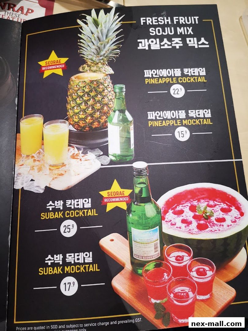 Menu featuring fresh fruit soju mixes, including pineapple and watermelon cocktails and mocktails.