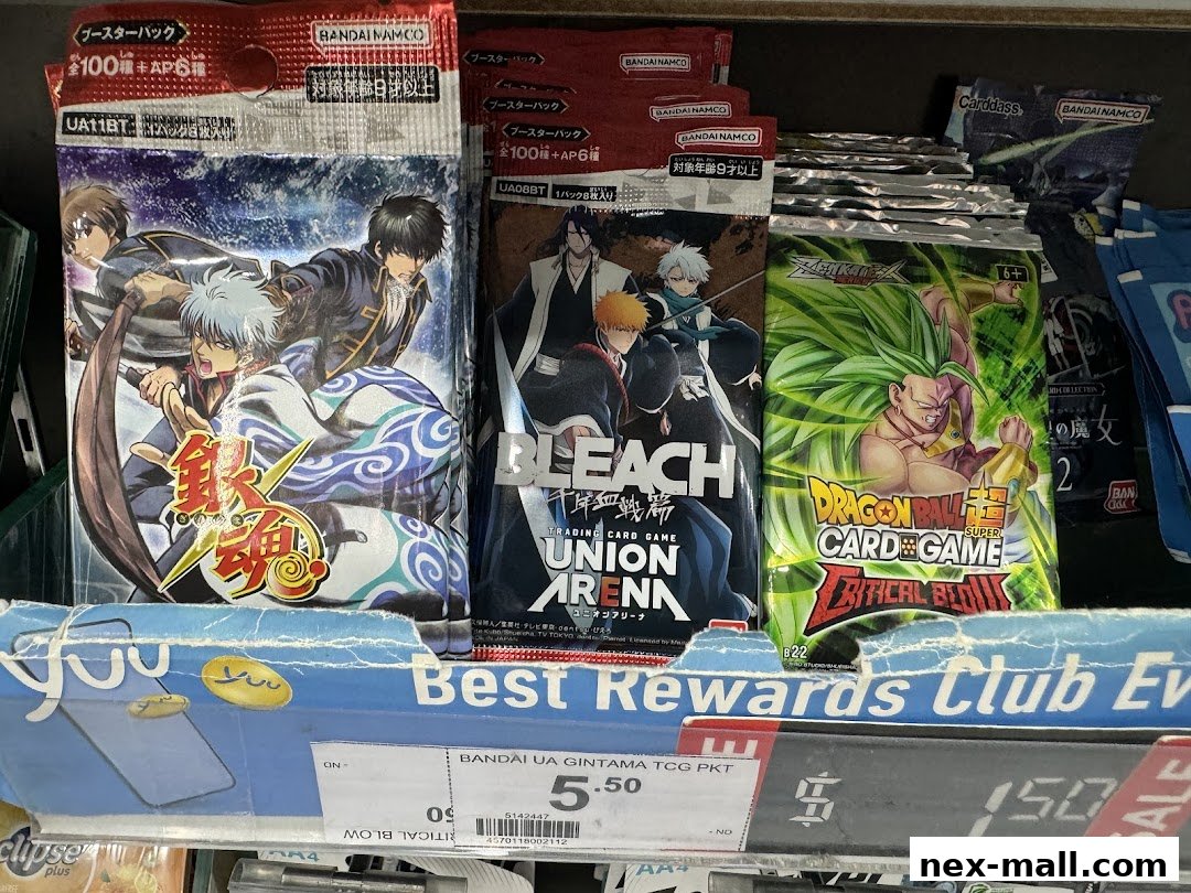 Packs of trading card games featuring anime characters from Gintama, Bleach, and Dragon Ball.
