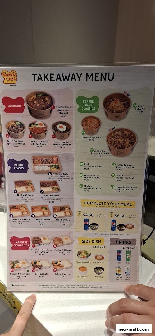 A takeaway menu for Pepper Lunch featuring Donburi, Bento Feasts, Japanese Favourites, and meal combos.
