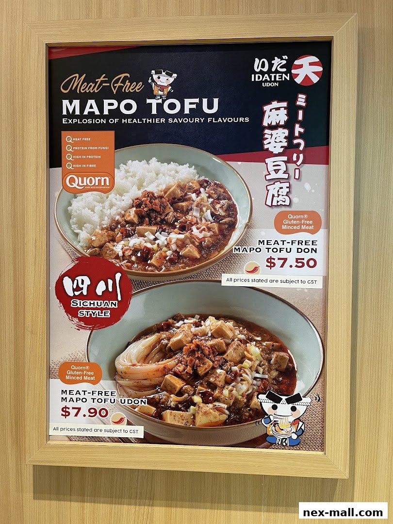 A menu board showcasing two meat-free Mapo Tofu dishes from Idaten Udon.