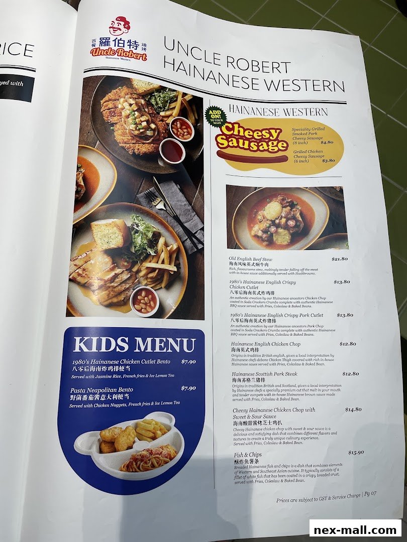 A menu from Uncle Robert Hainanese Western featuring various dishes and a kids' menu.