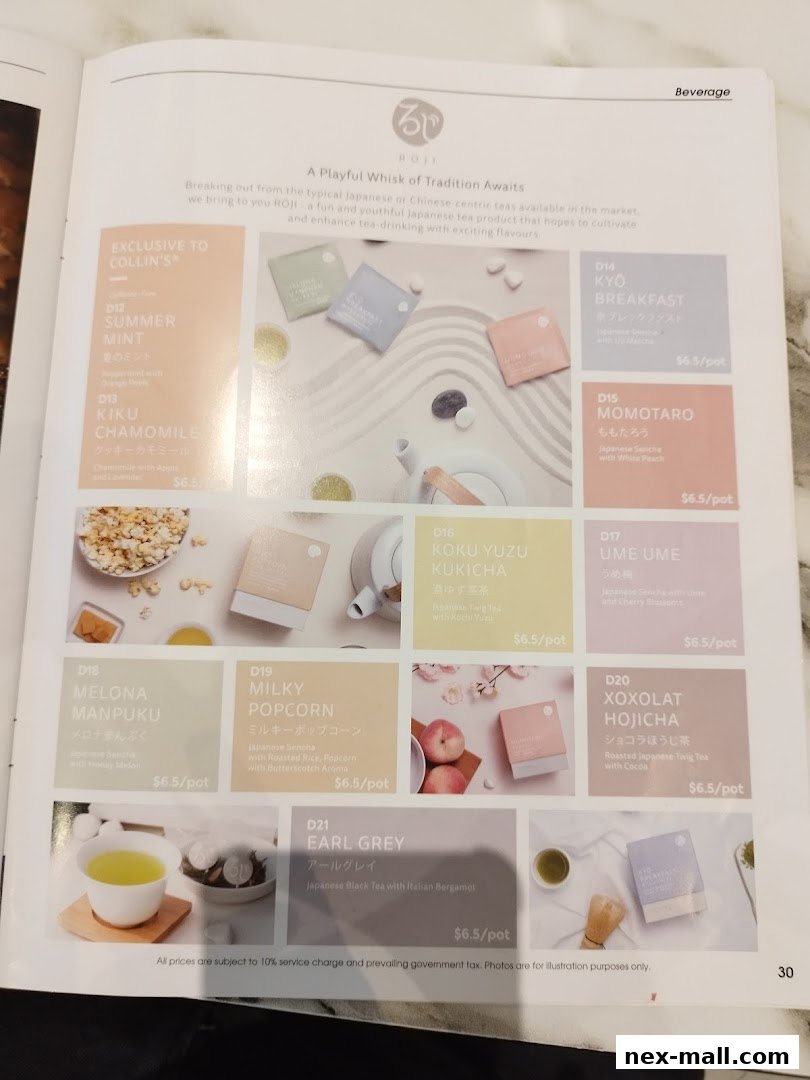 A menu showcasing various ROJI tea flavors with descriptions and prices.