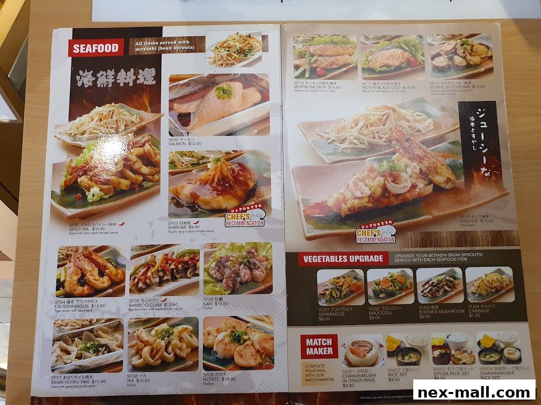 A menu featuring seafood dishes, vegetable upgrades, and meal sets with prices and descriptions.