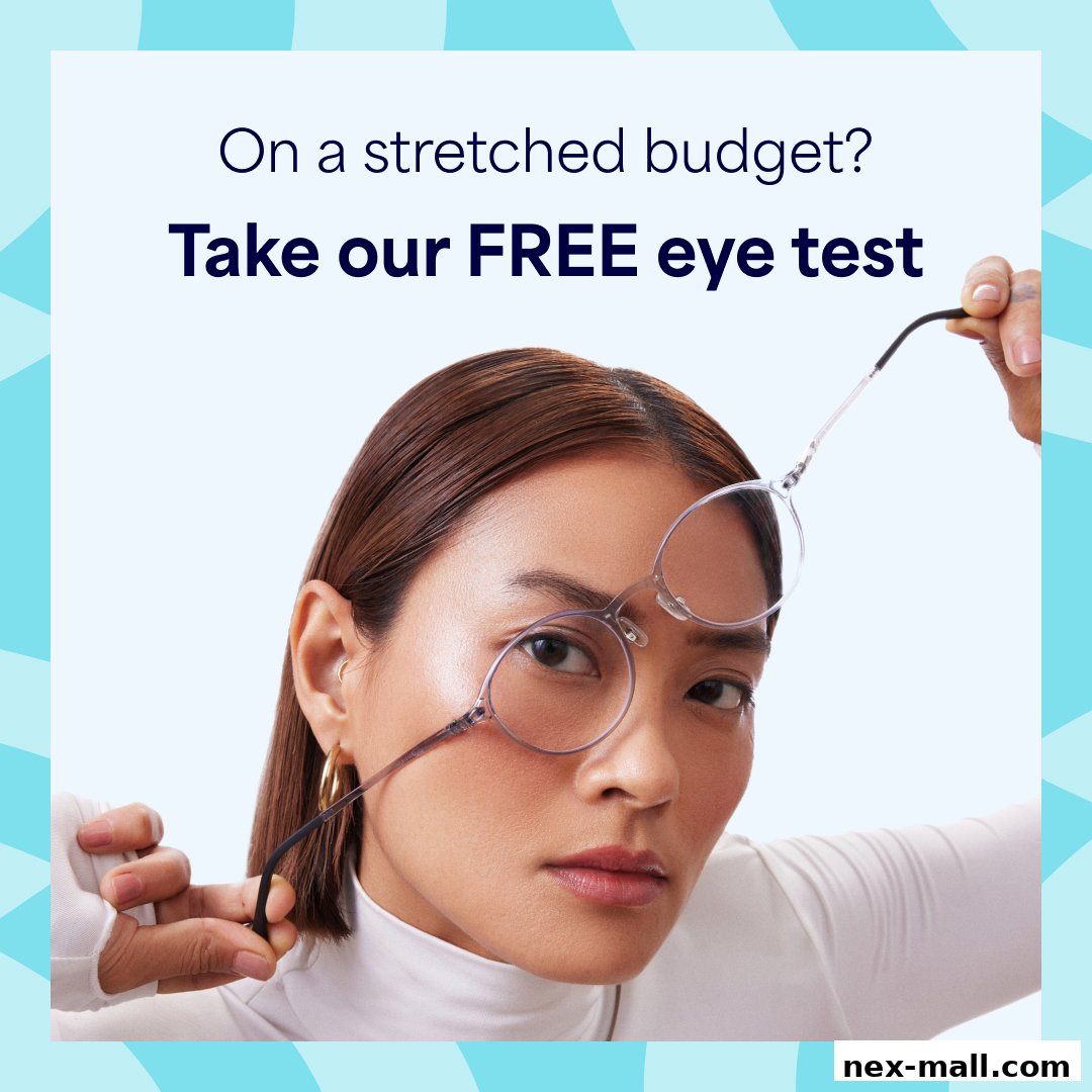 A woman holds up a pair of glasses, with text promoting a free eye test.