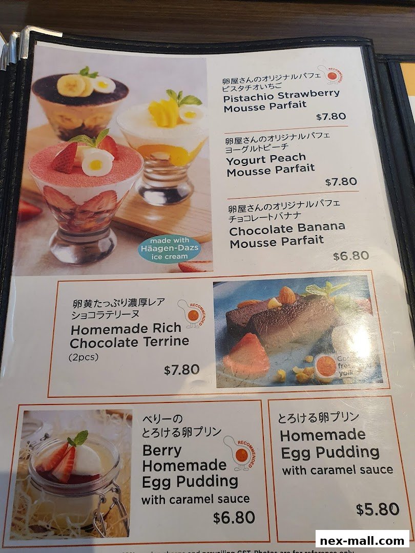 A menu featuring various parfaits, chocolate terrine, and homemade egg pudding.