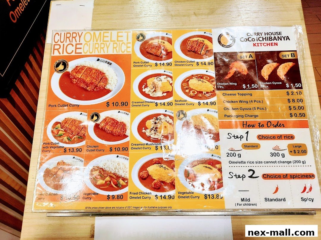 A menu for Curry Omelet Rice from CoCo Ichibanya Kitchen, featuring various curry dishes and ordering instructions.