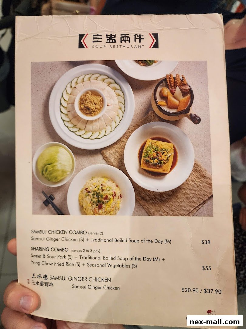 A menu from Soup Restaurant featuring Samsui Chicken Combo and Sharing Combo.