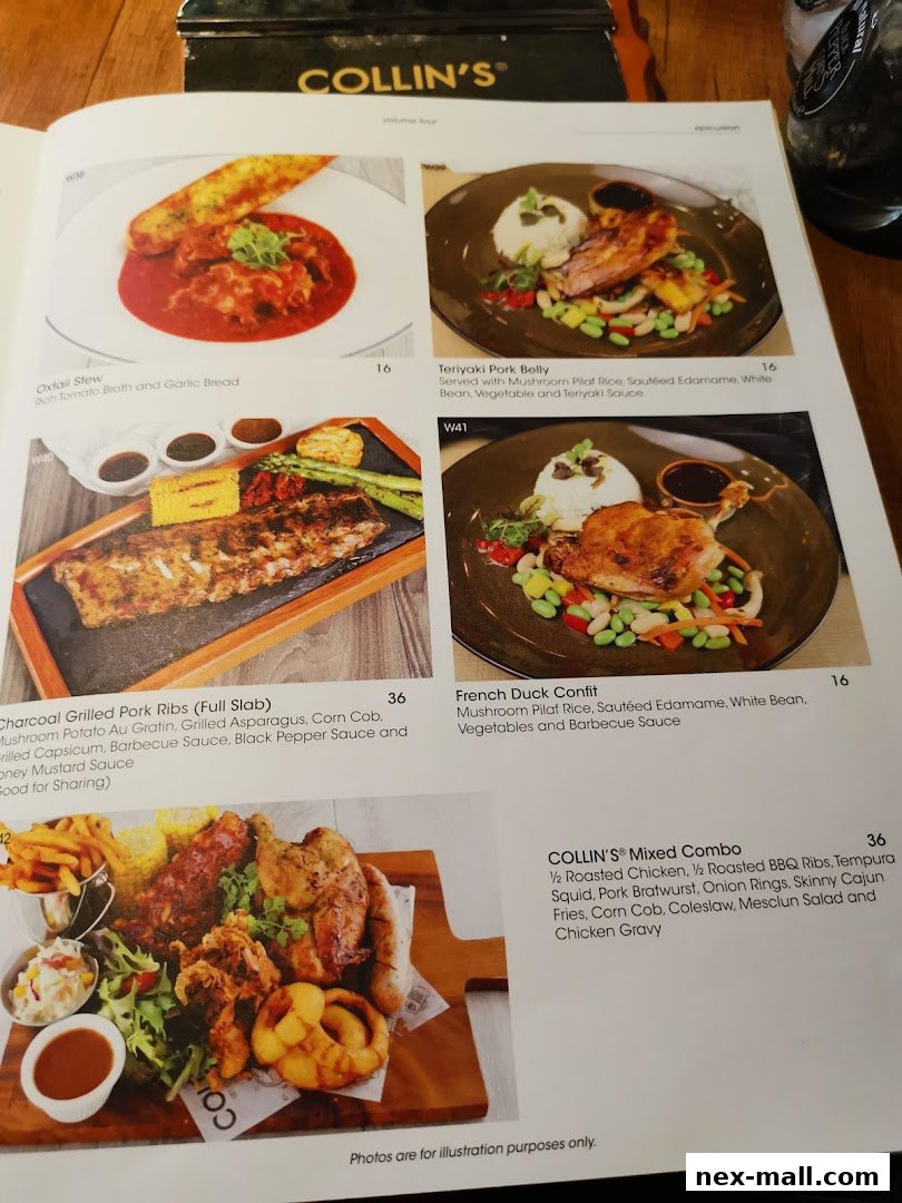 A menu from COLLIN'S featuring various dishes like Oxtail Stew and Grilled Pork Ribs.