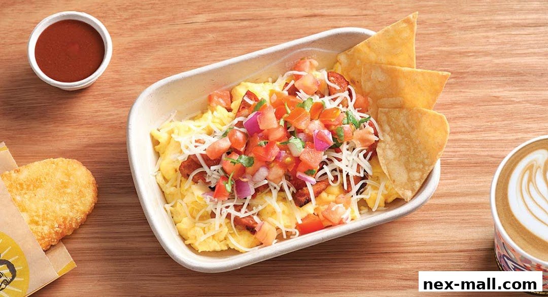 A delicious breakfast burrito bowl with scrambled eggs, salsa, cheese, and chips, served with a hash brown and coffee.