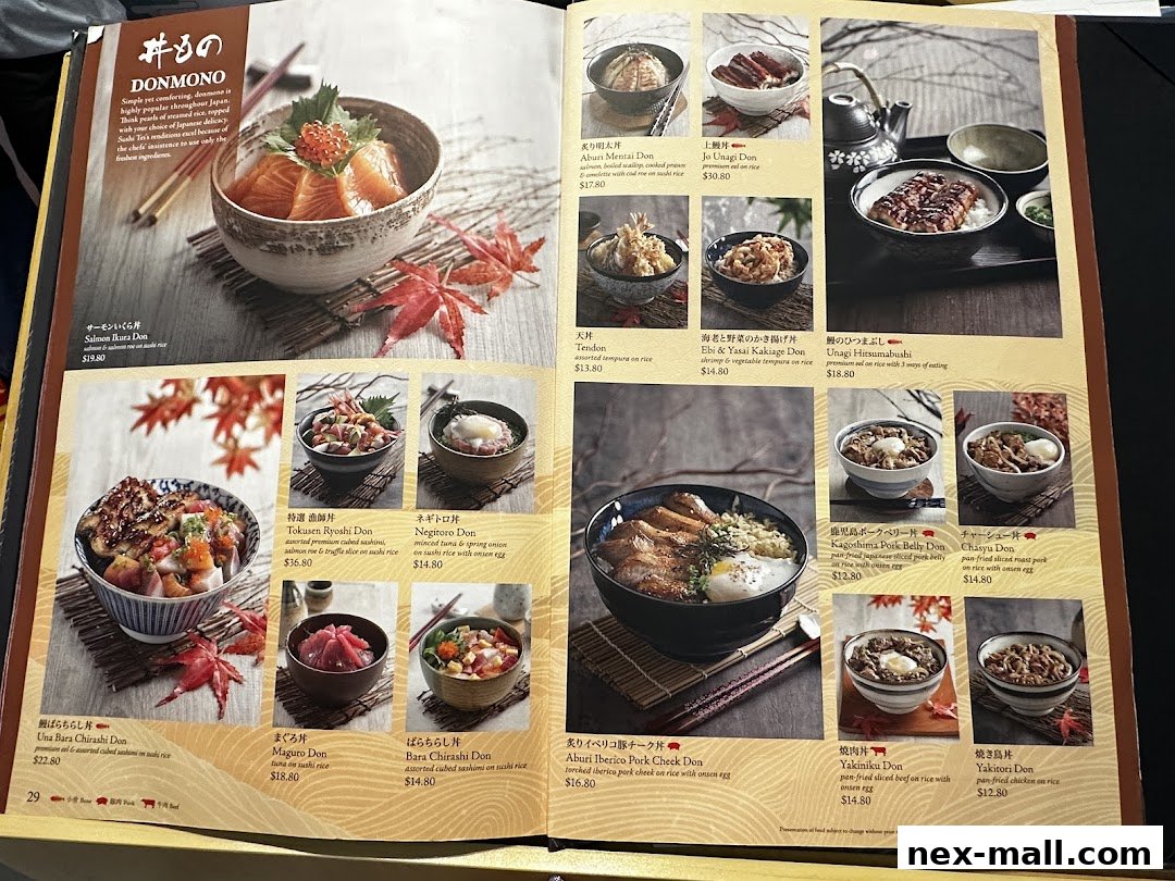 A menu page from Sushi Tei featuring various Donburi dishes with appetizing images and descriptions.
