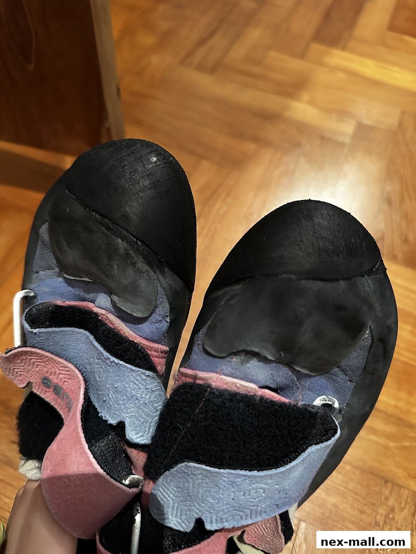 Close-up of climbing shoes with colorful straps and black rubber soles.