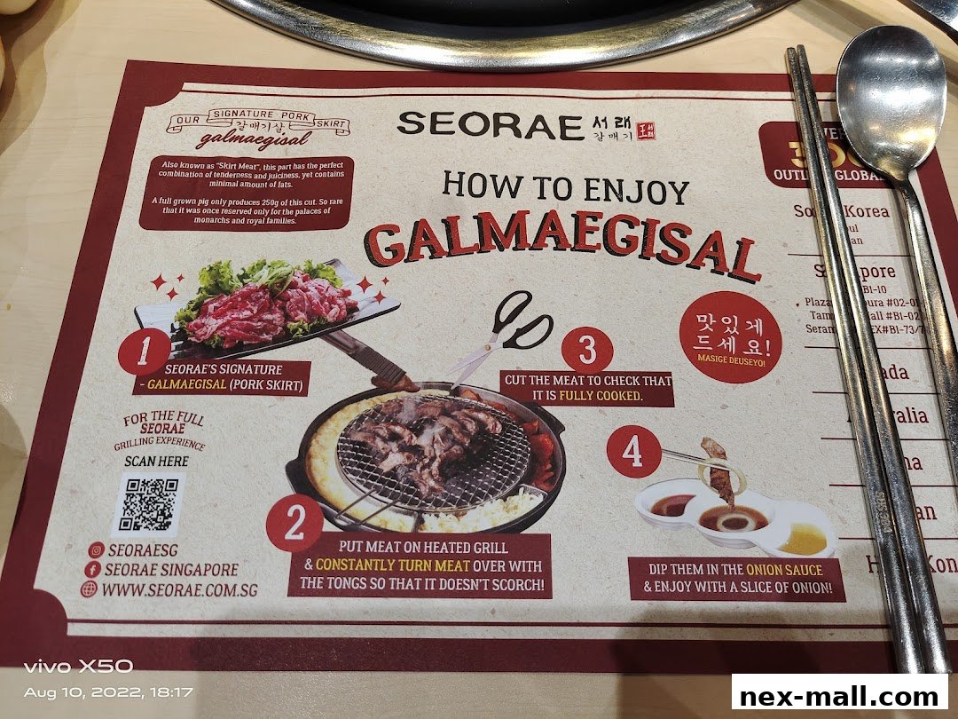 A placemat detailing how to enjoy Galmaegisal, a signature pork skirt dish at Seorae Jib Nex.