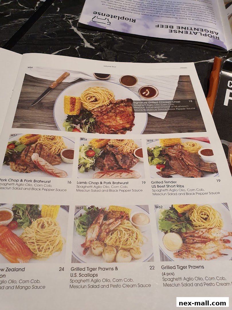A menu page showcasing various grilled meat and seafood dishes with sides.