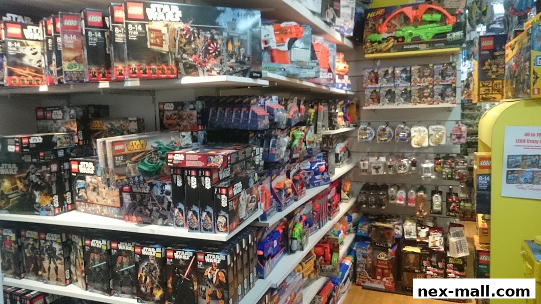 A wide selection of LEGO Star Wars sets and Nerf toys are displayed on shelves.
