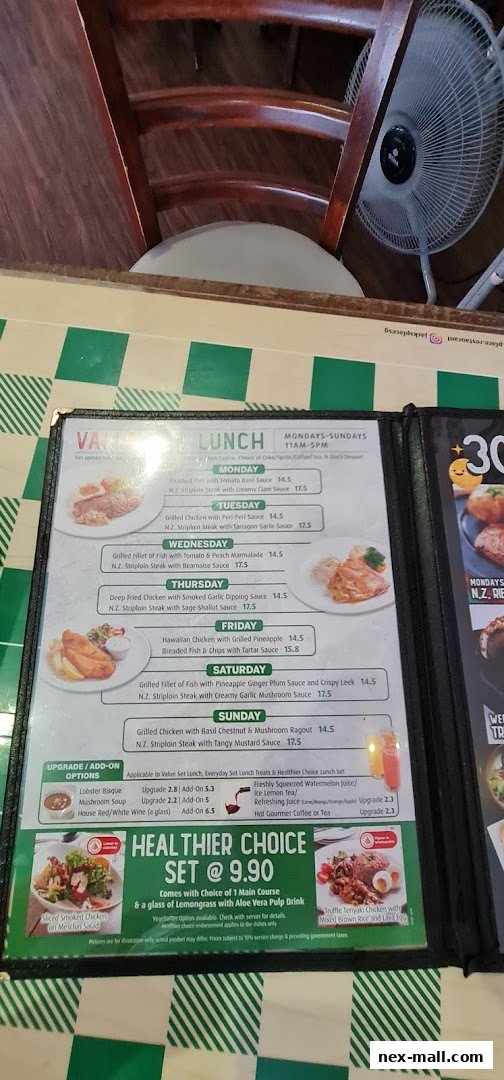 A menu from Jack's Place NEX featuring daily lunch specials and a healthier choice set.